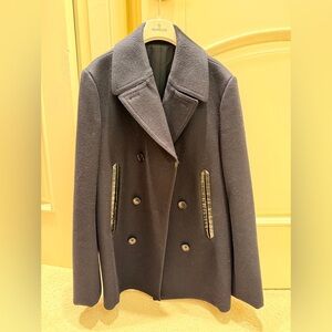 BALENCIAGA black Wool Coat with Button Front leather trim pocket